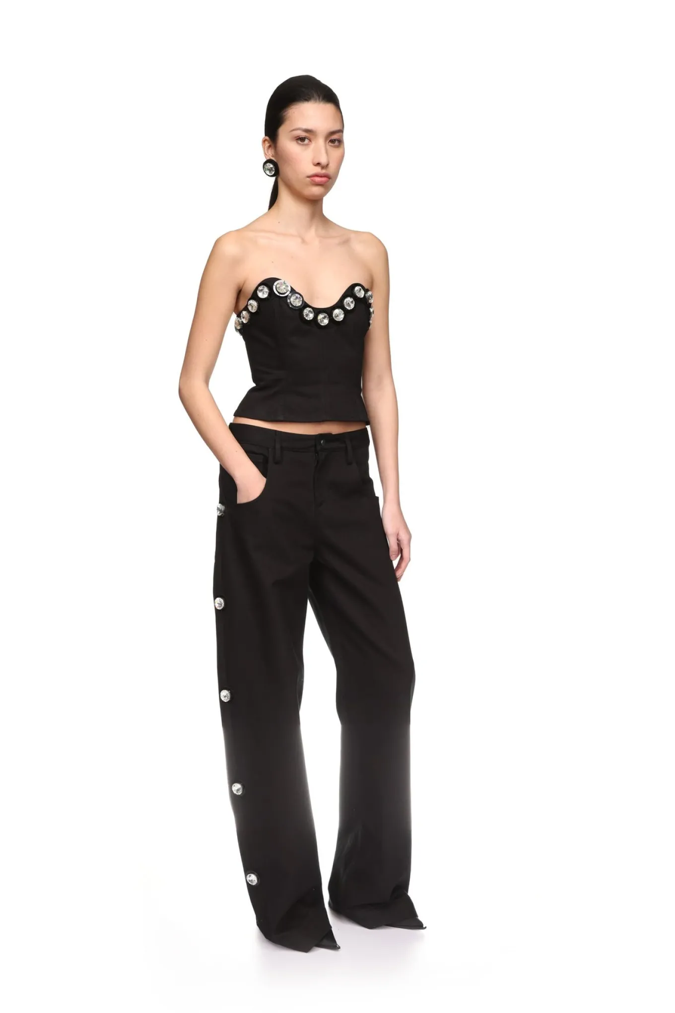CRYSTAL EMBROIDERED DENIM CORSET TOP