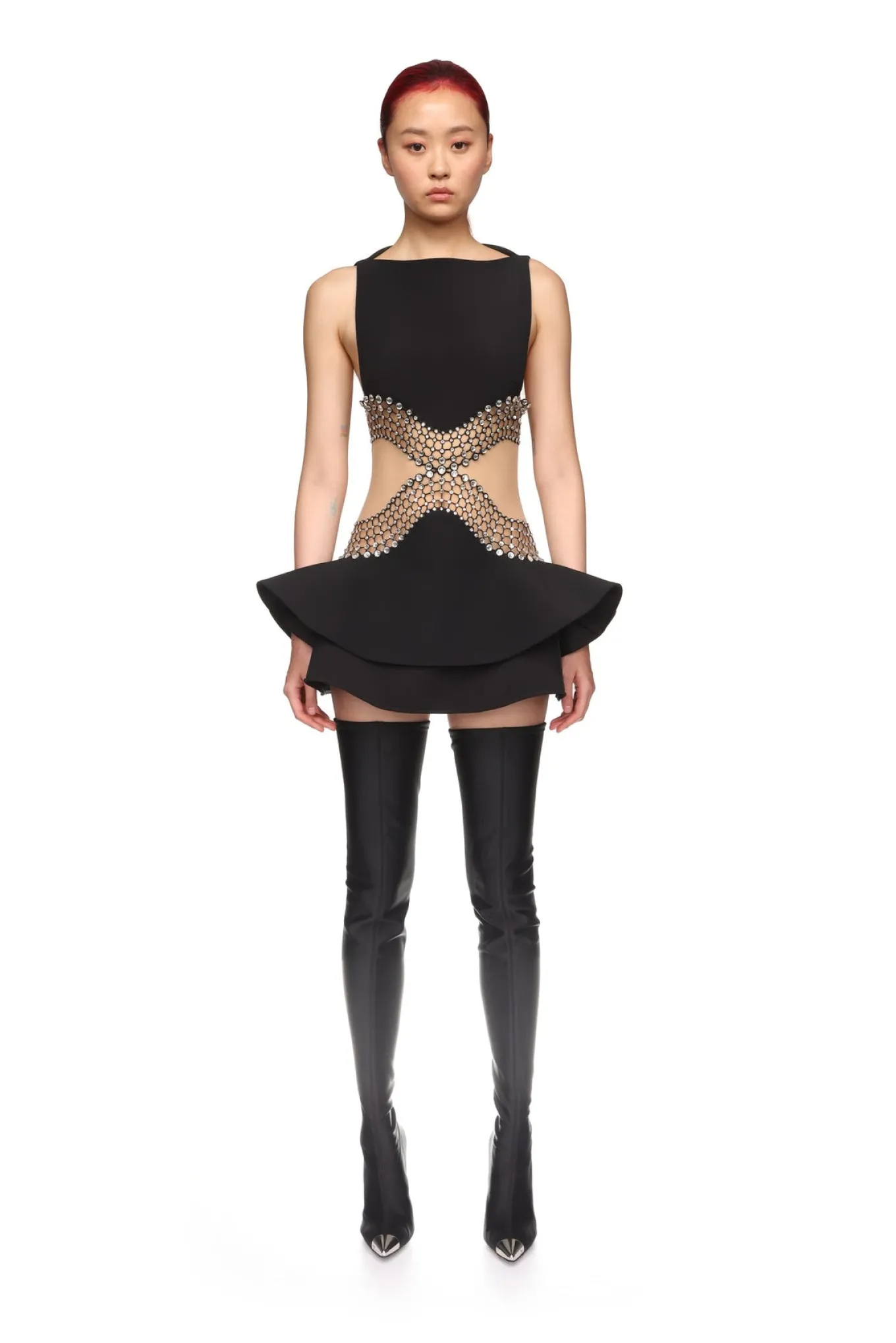 CRYSTAL EMBROIDERED PEPLUM MINI DRESS
