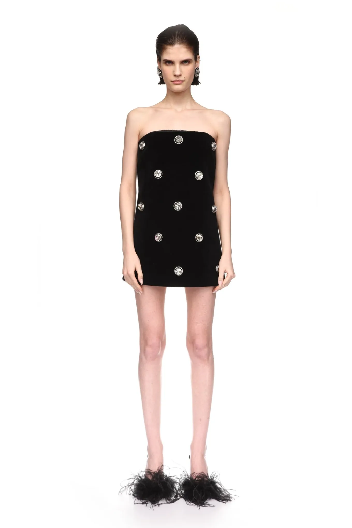 CRYSTAL EMBROIDERED VELVET MINI DRESS