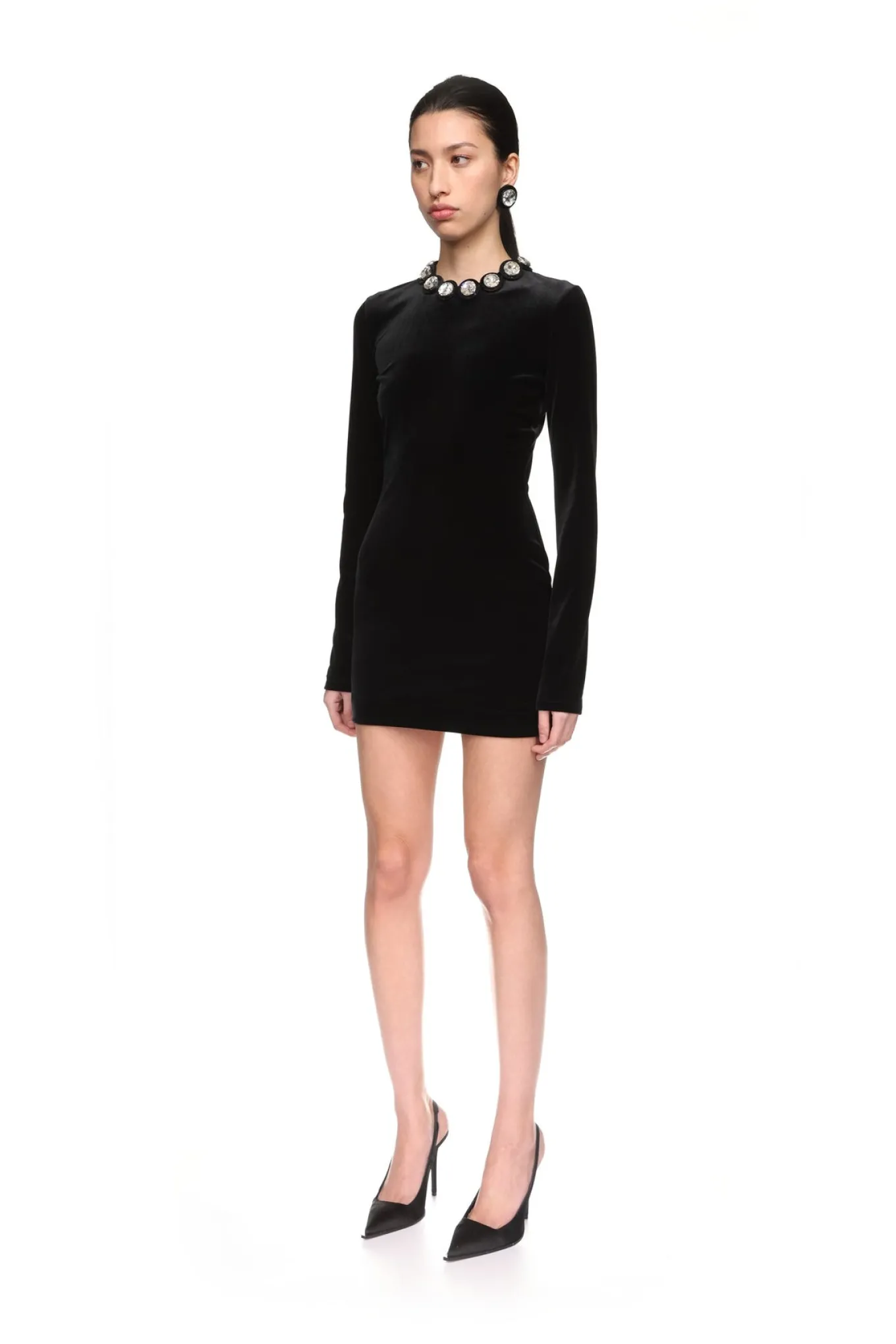 CRYSTAL EMBROIDERED VELVET MINI DRESS