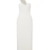 CRYSTAL FEATHER ONE SHOULDER MIDI DRESS