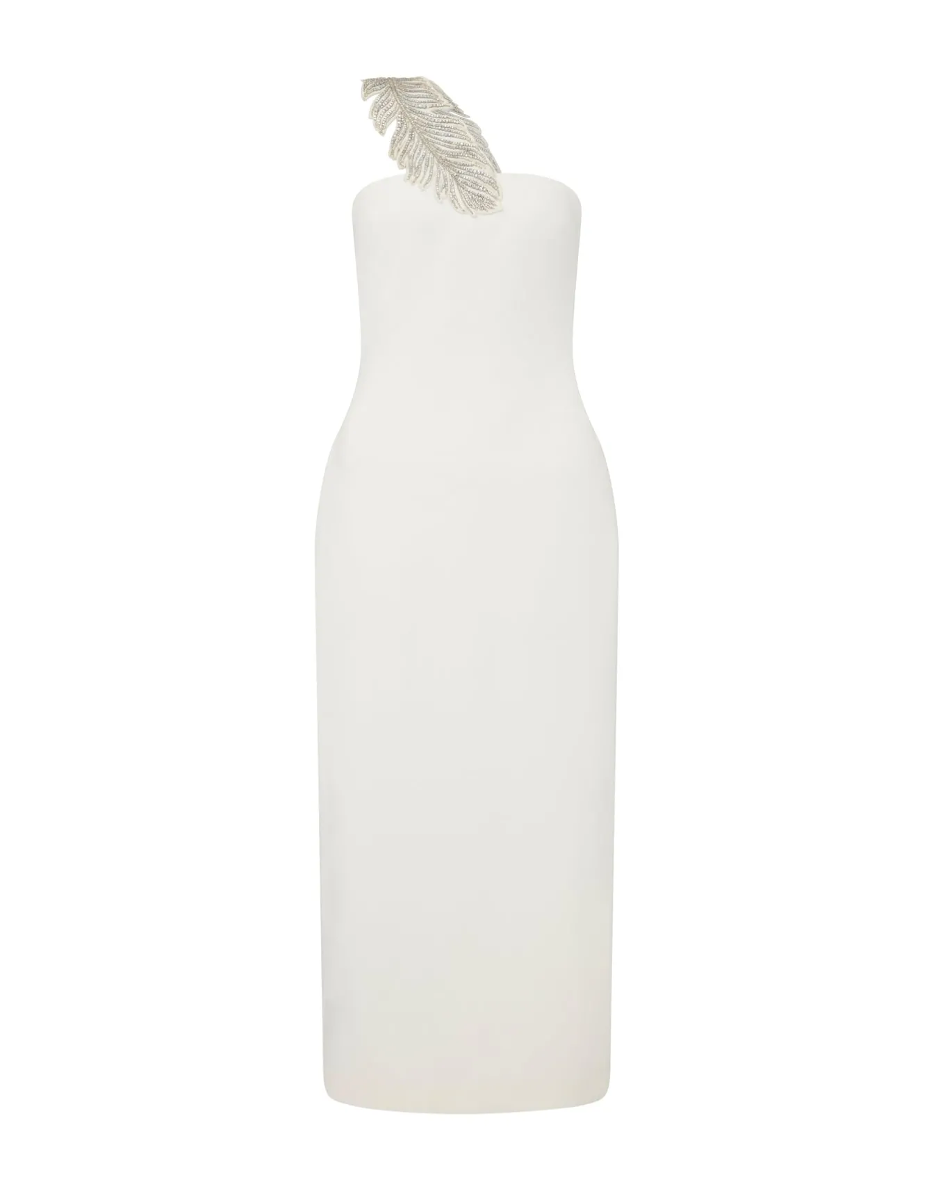 CRYSTAL FEATHER ONE SHOULDER MIDI DRESS
