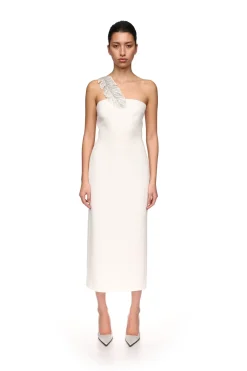 CRYSTAL FEATHER ONE SHOULDER MIDI DRESS