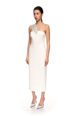 CRYSTAL FEATHER ONE SHOULDER MIDI DRESS
