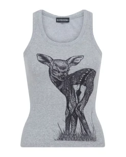 DEER ILLUSTRATION PRINT TANK TOP IN GREY