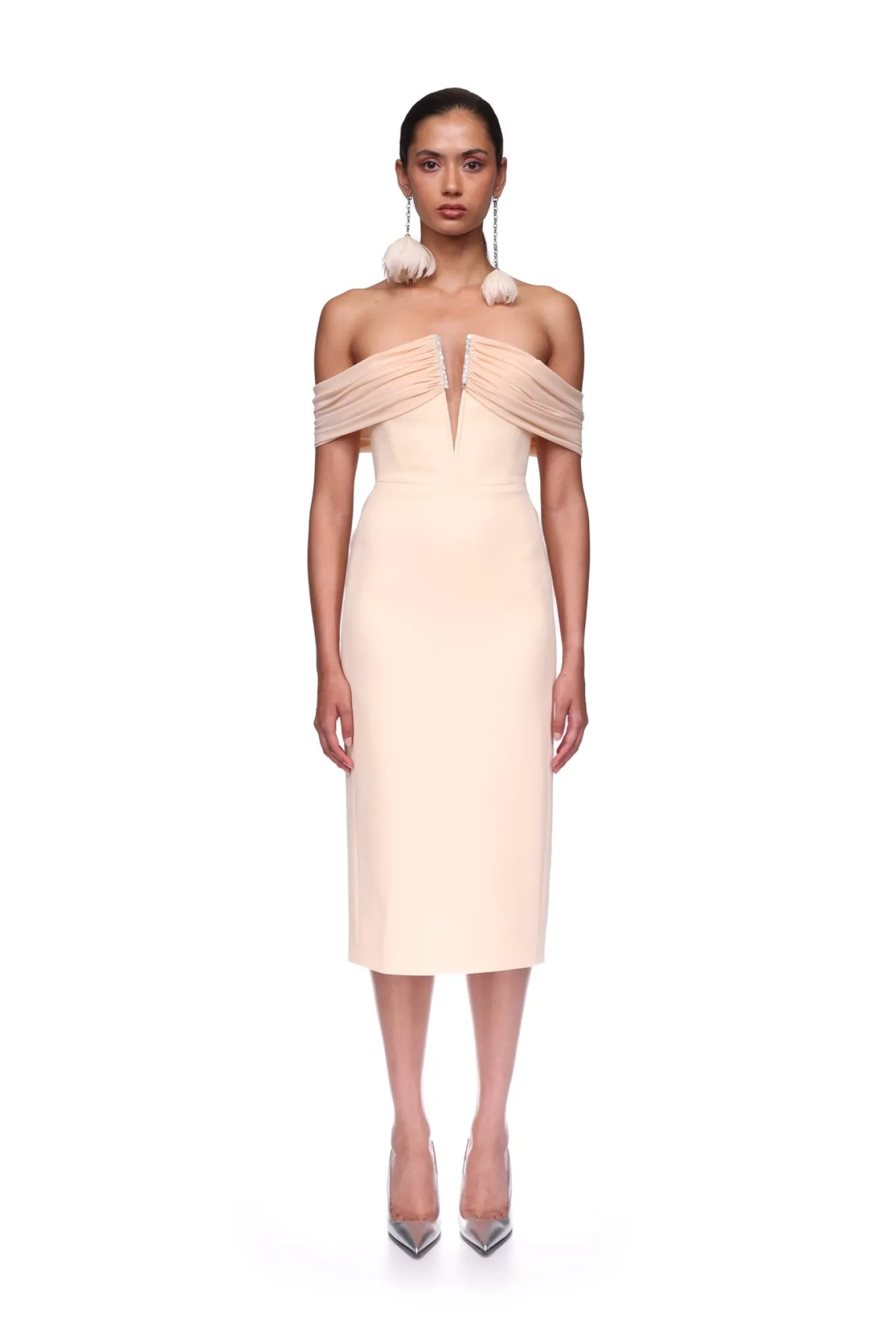 DRAPE OFF THE SHOULDER MIDI DRESS
