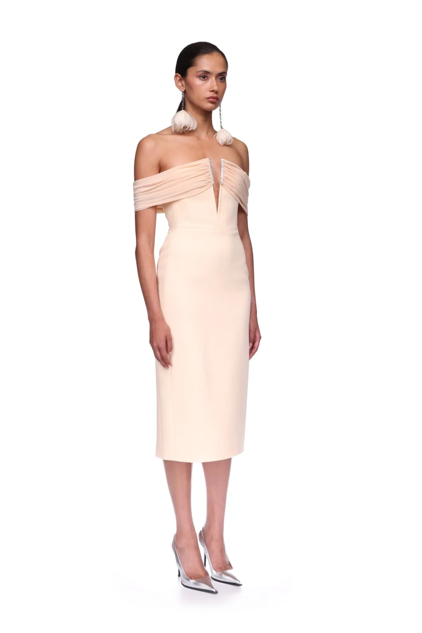 DRAPE OFF THE SHOULDER MIDI DRESS
