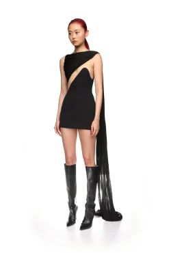 DRAPED JERSEY AND TULLE INSERT MINI DRESS