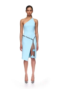 FEATHER FLOWERS AND CHAIN ONE-SHOULDER DRESS