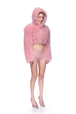 FEATHER FRONT CROP JACKET WITH HOOD