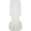 FEATHER HEM LONG SLEEVE MIDI DRESS
