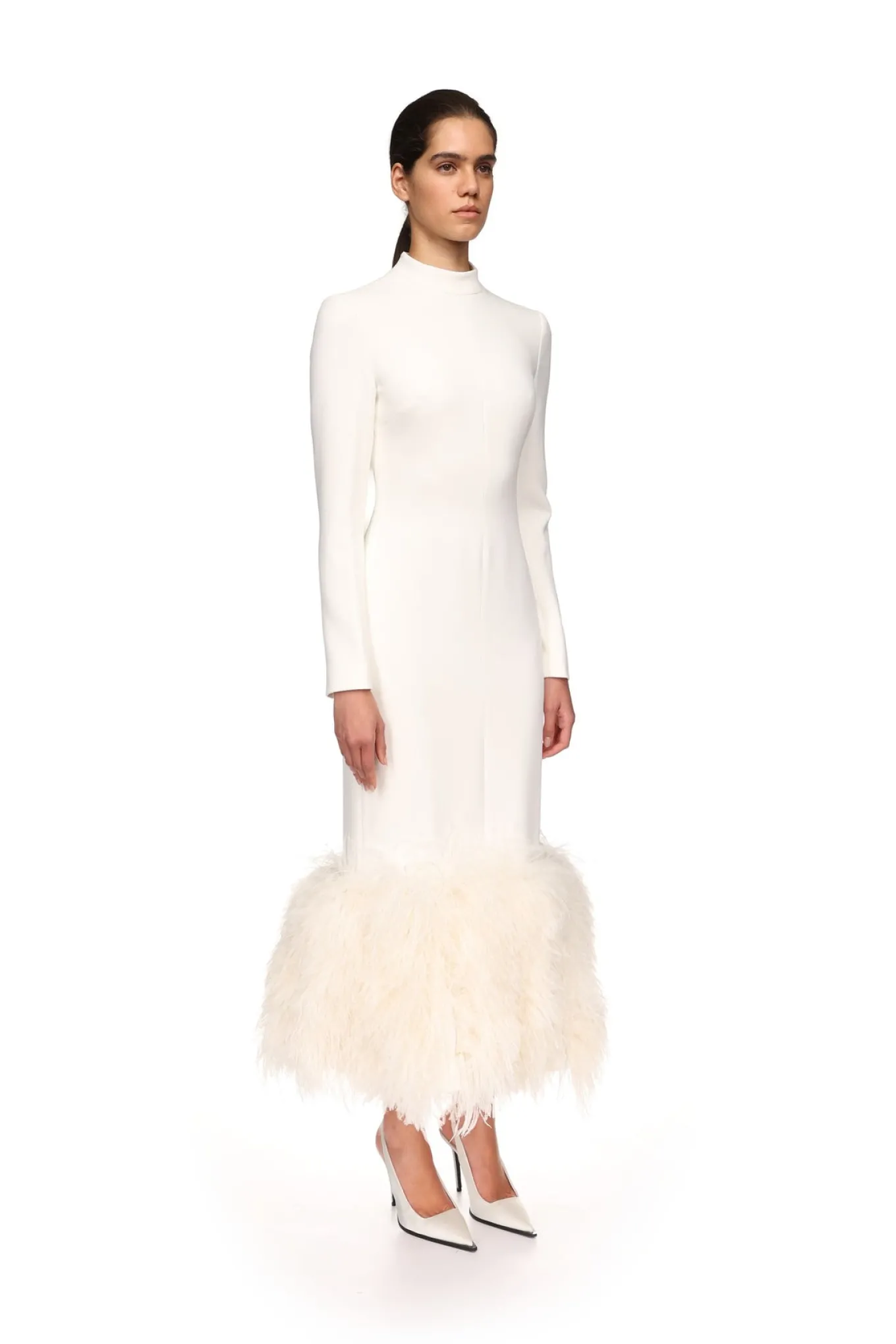 FEATHER HEM LONG SLEEVE MIDI DRESS