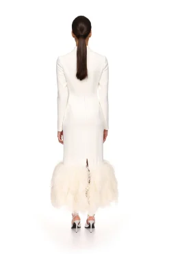 FEATHER HEM LONG SLEEVE MIDI DRESS