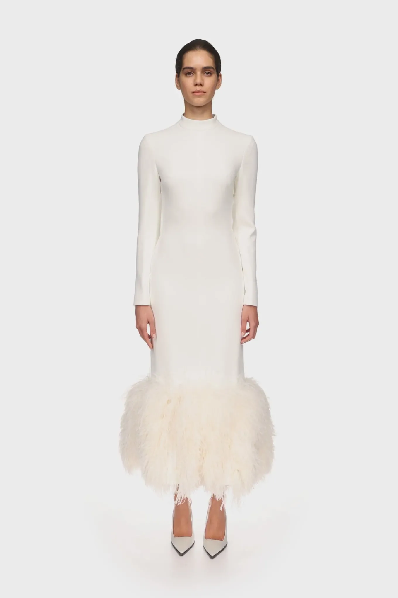 FEATHER HEM LONG SLEEVE MIDI DRESS
