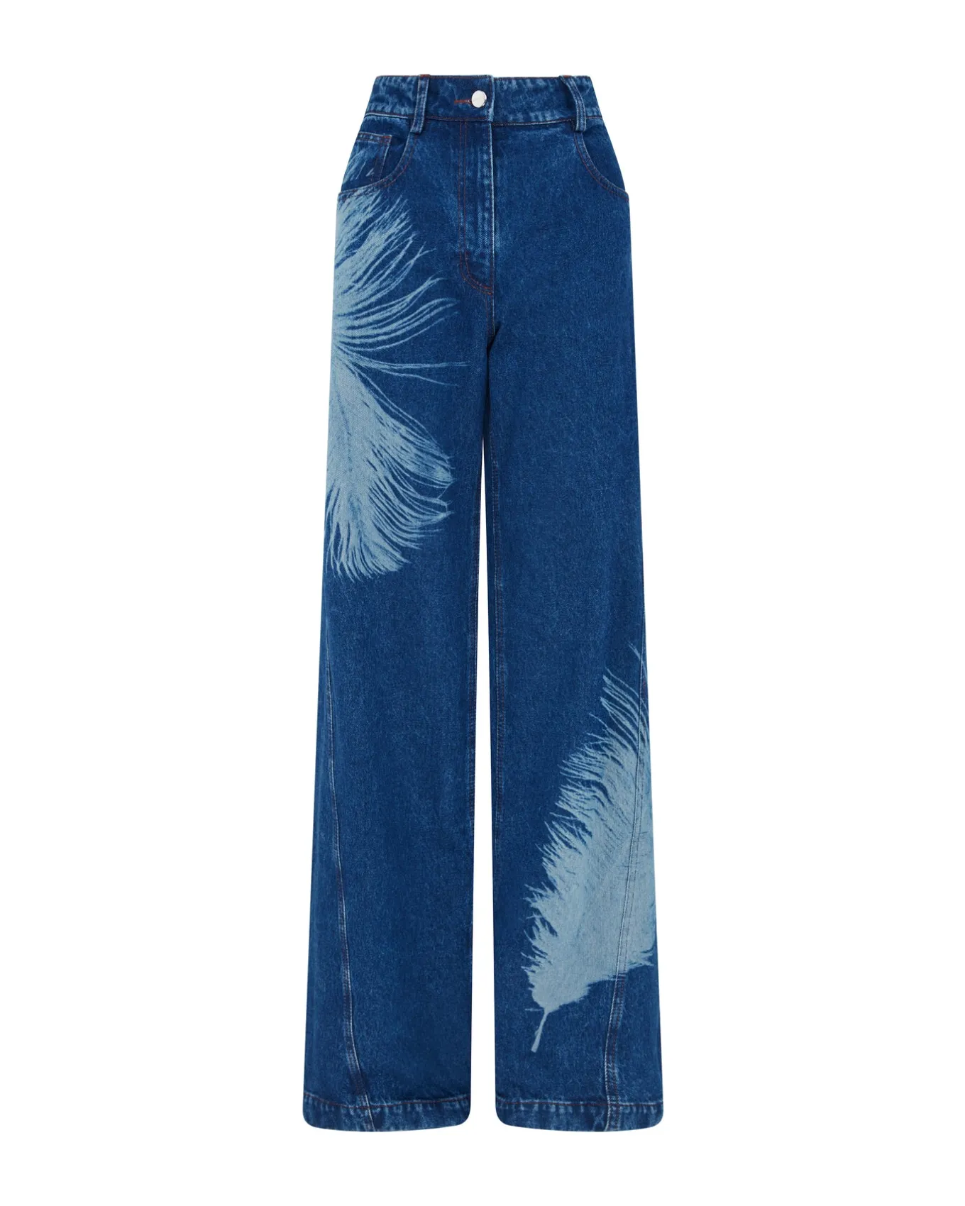 FEATHER PRINT WIDE LEG DENIM TROUSERS