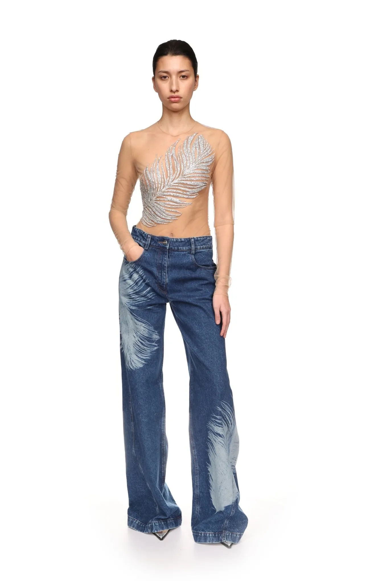 FEATHER PRINT WIDE LEG DENIM TROUSERS