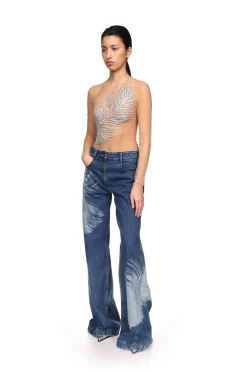 FEATHER PRINT WIDE LEG DENIM TROUSERS