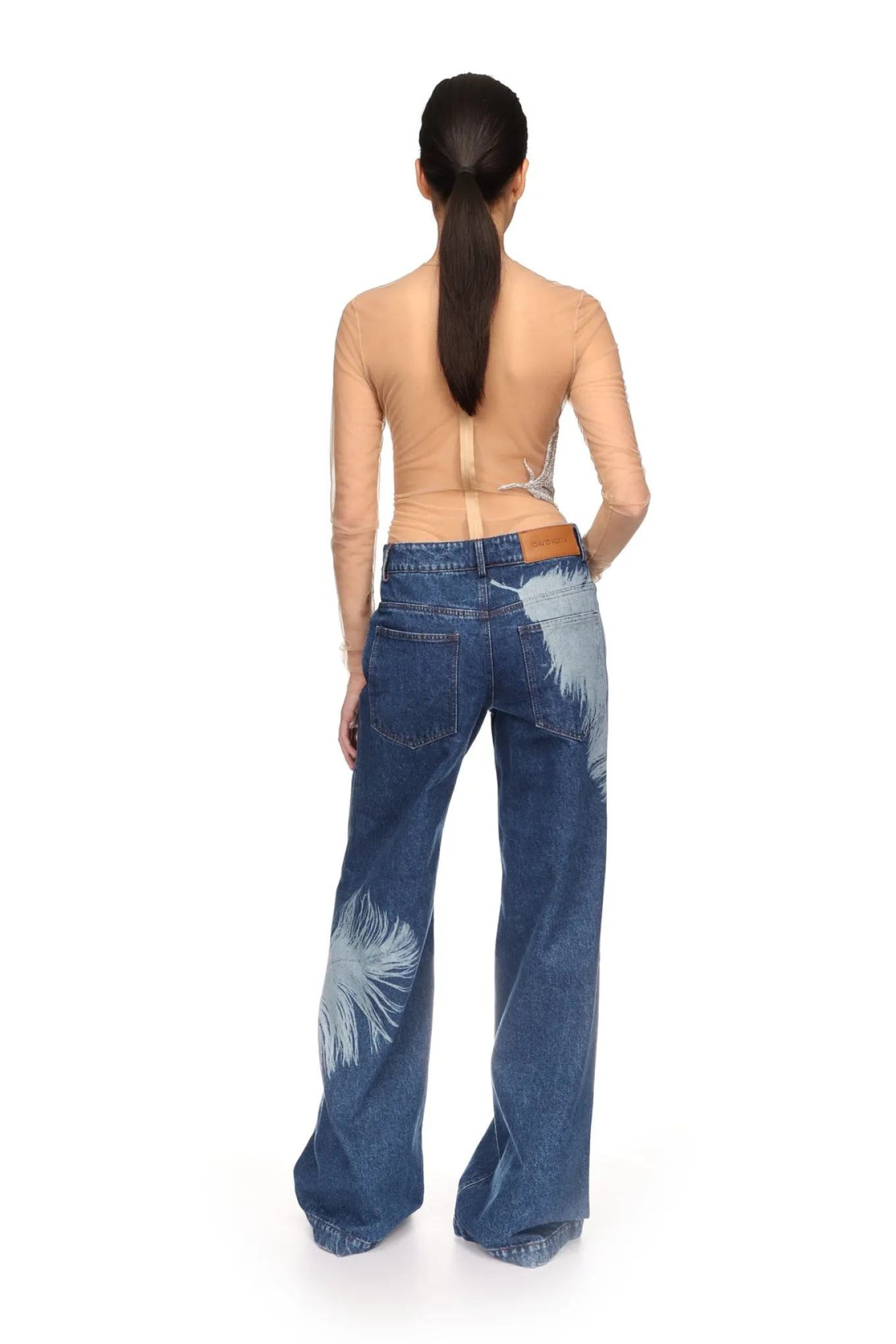 FEATHER PRINT WIDE LEG DENIM TROUSERS