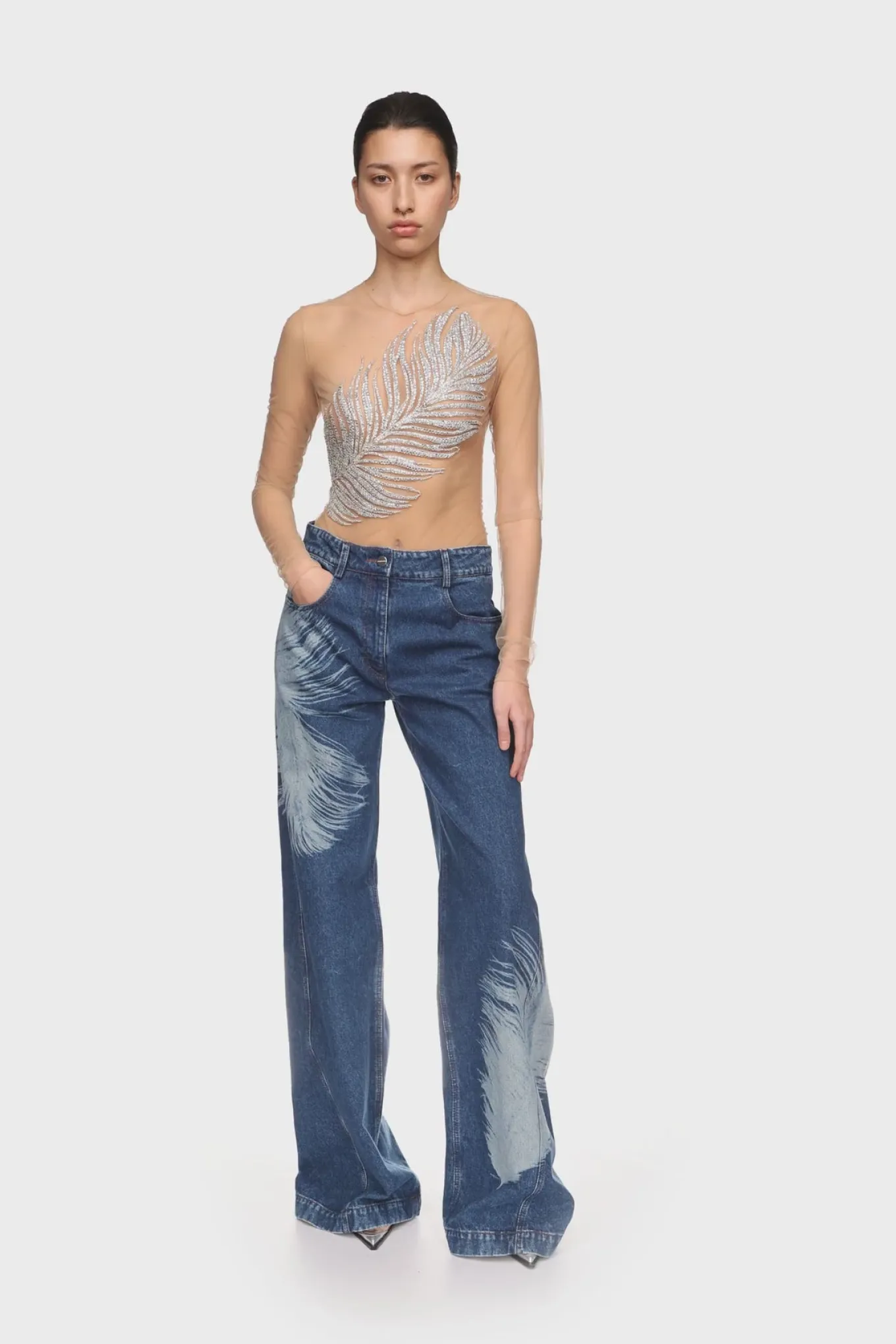 FEATHER PRINT WIDE LEG DENIM TROUSERS