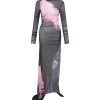FEATHER PRINTED MESH GOWN