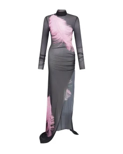 FEATHER PRINTED MESH GOWN