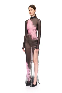 FEATHER PRINTED MESH GOWN