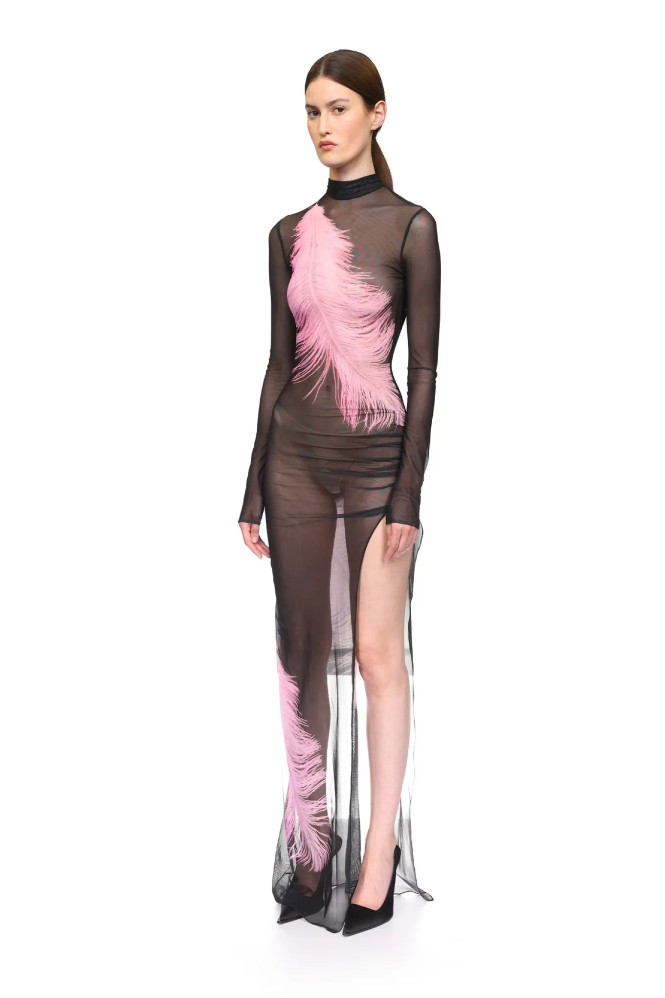 FEATHER PRINTED MESH GOWN