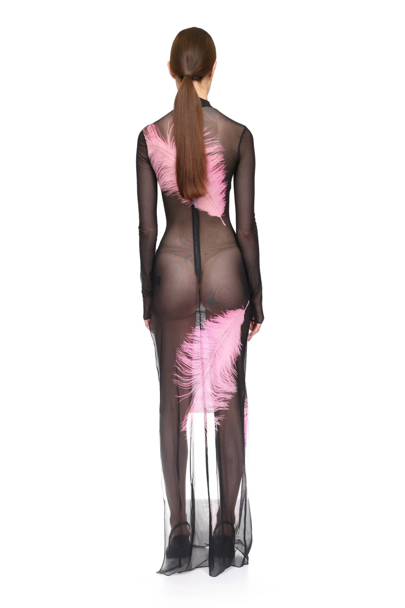 FEATHER PRINTED MESH GOWN