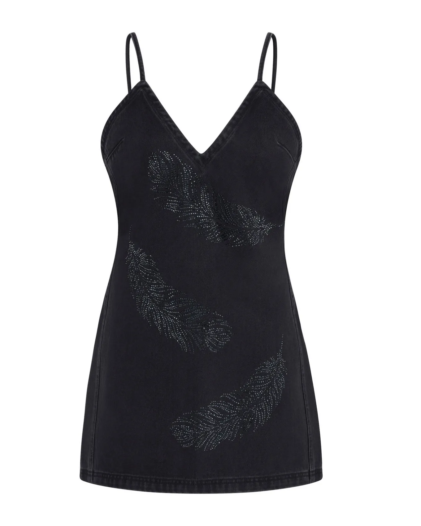 FEATHER RHINESTONE DENIM MINI DRESS