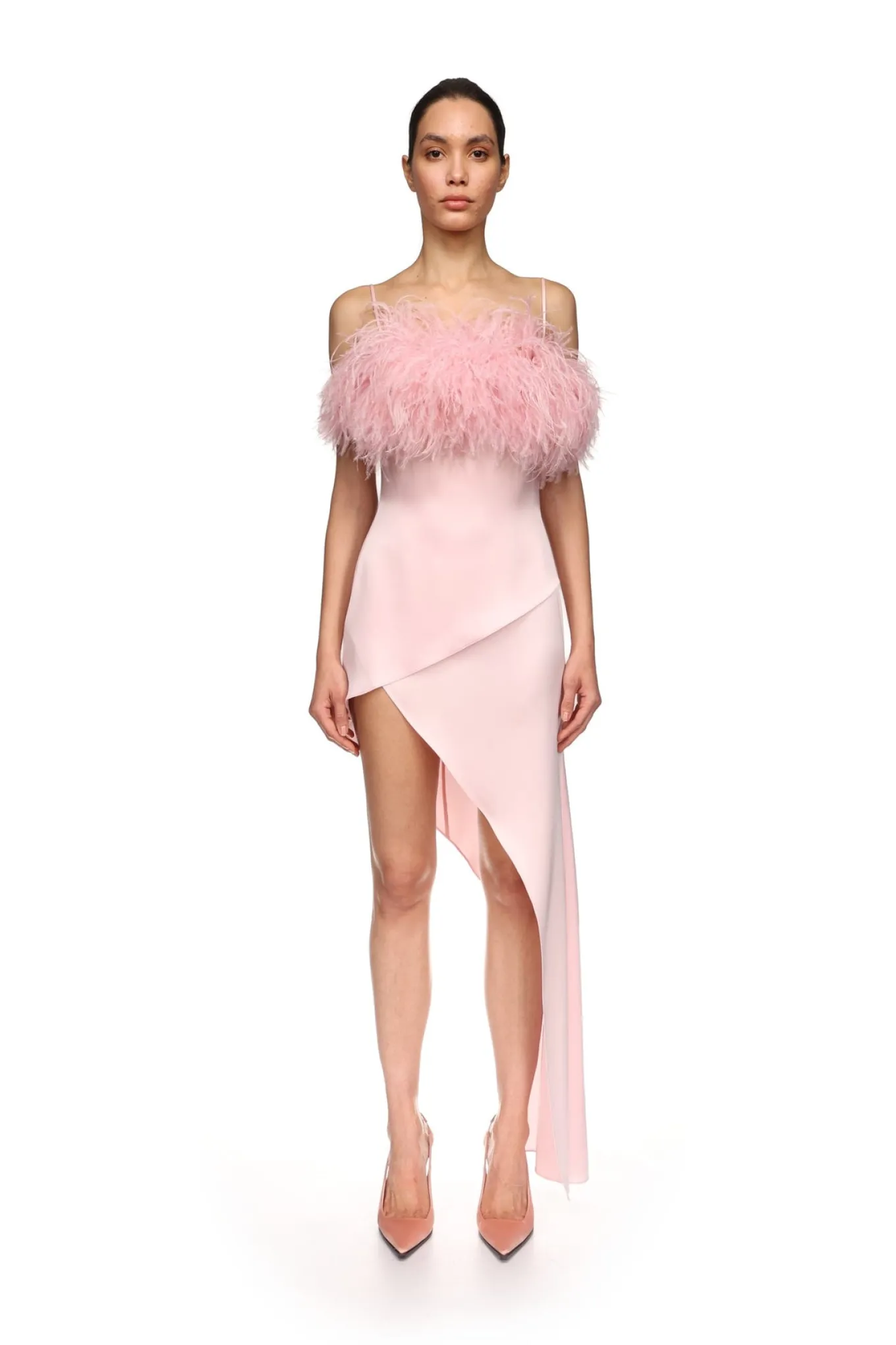 FEATHER TOP TRIM ASYMMETRIC HEM DRESS