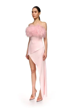 FEATHER TOP TRIM ASYMMETRIC HEM DRESS
