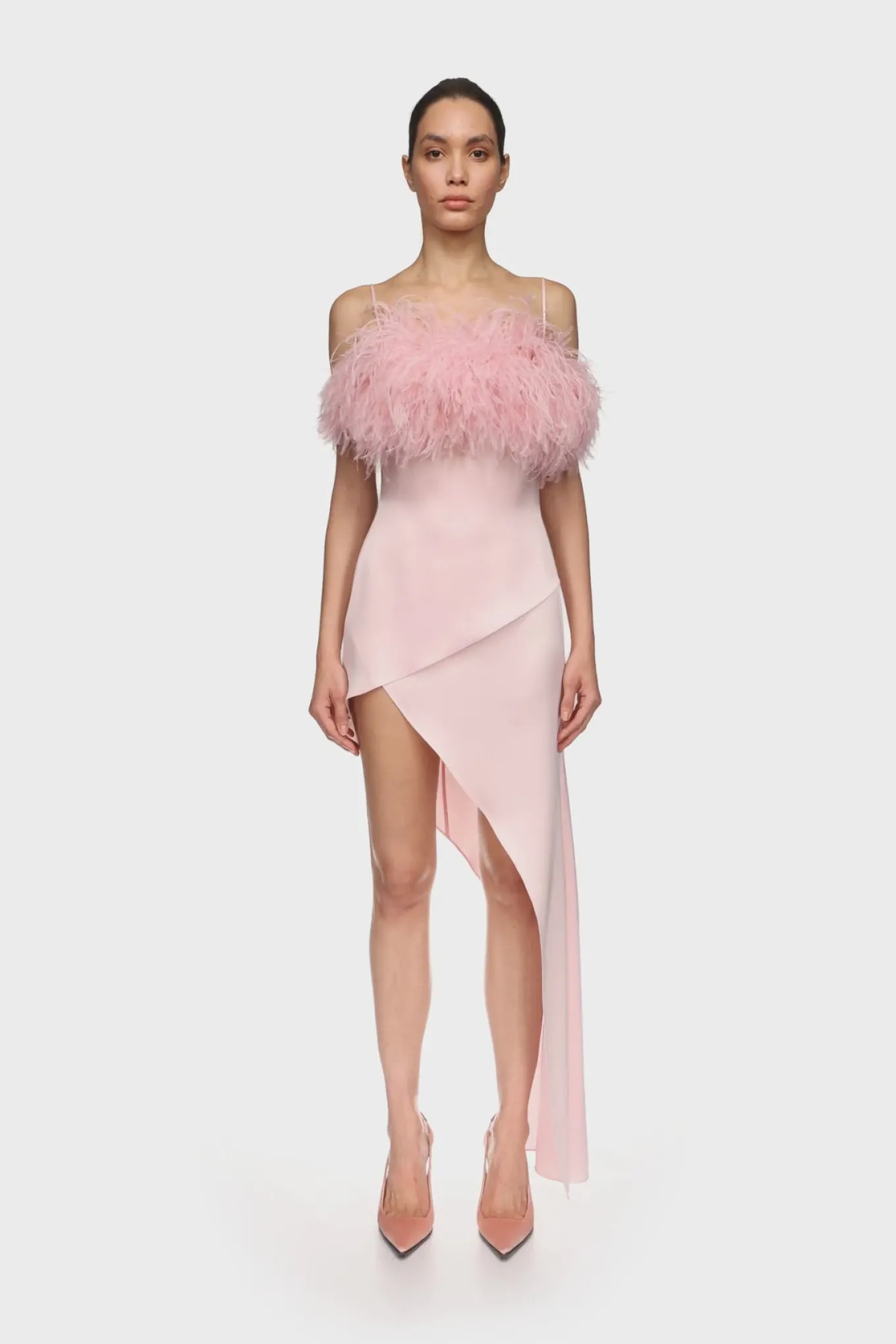 FEATHER TOP TRIM ASYMMETRIC HEM DRESS