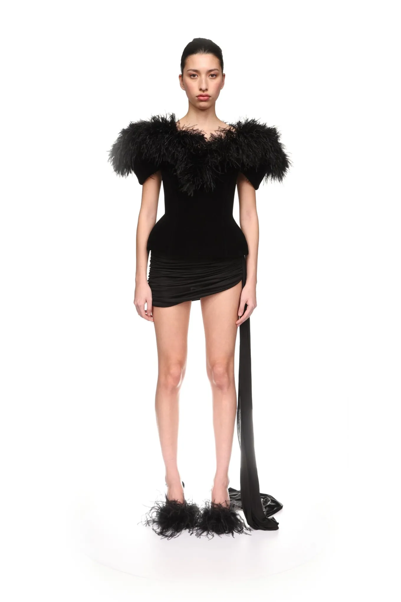 FEATHER TRIM AND VELVET TOP