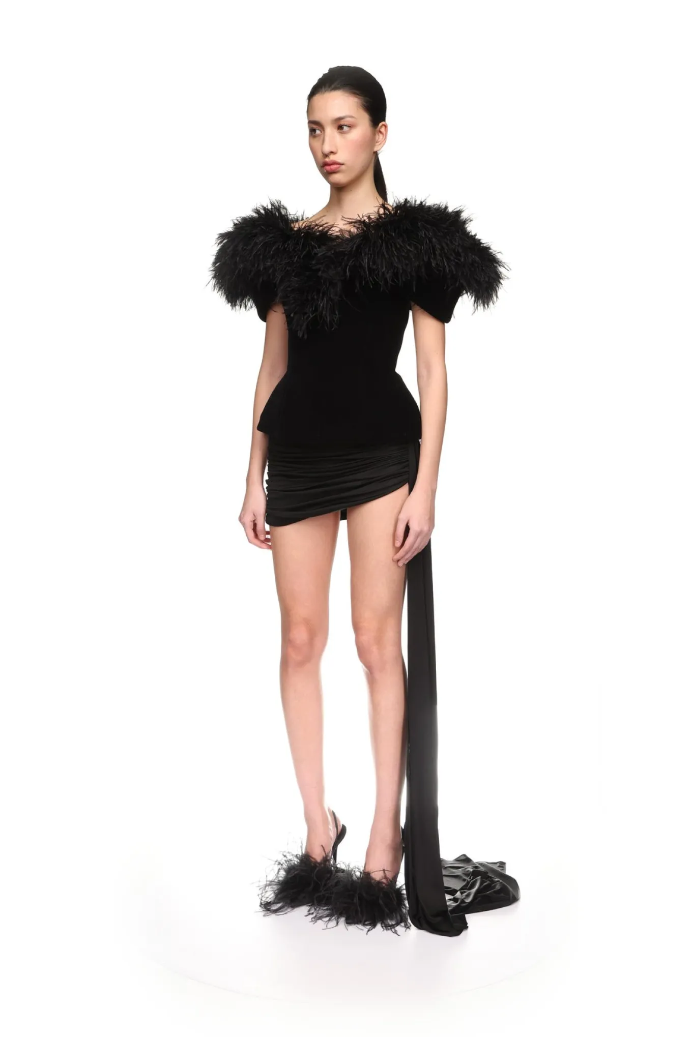FEATHER TRIM AND VELVET TOP
