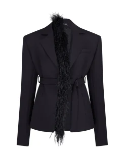 FEATHER TRIM TAILORED JACKET IN BLACK