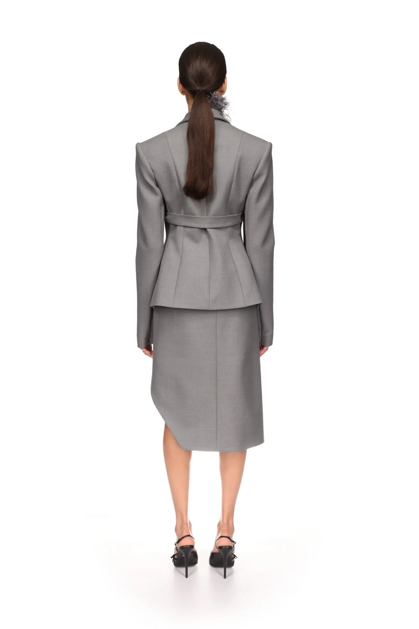 FEATHER TRIM TAILORED JACKET IN GREY