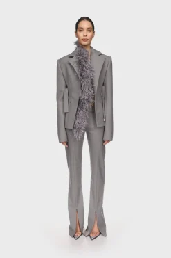 FEATHER TRIM TAILORED JACKET IN GREY