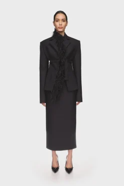 FEATHER TRIM TAILORED JACKET IN BLACK