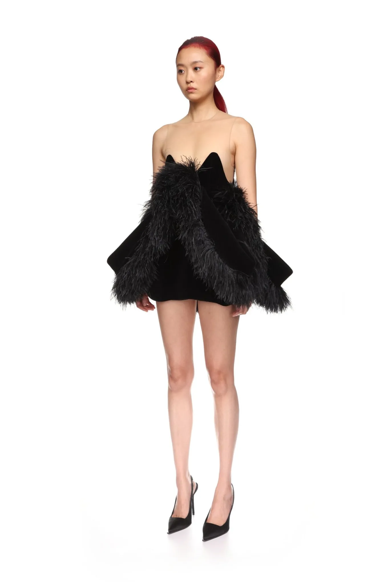 FOLD SKIRT AND FEATHER TRIM MINI DRESS
