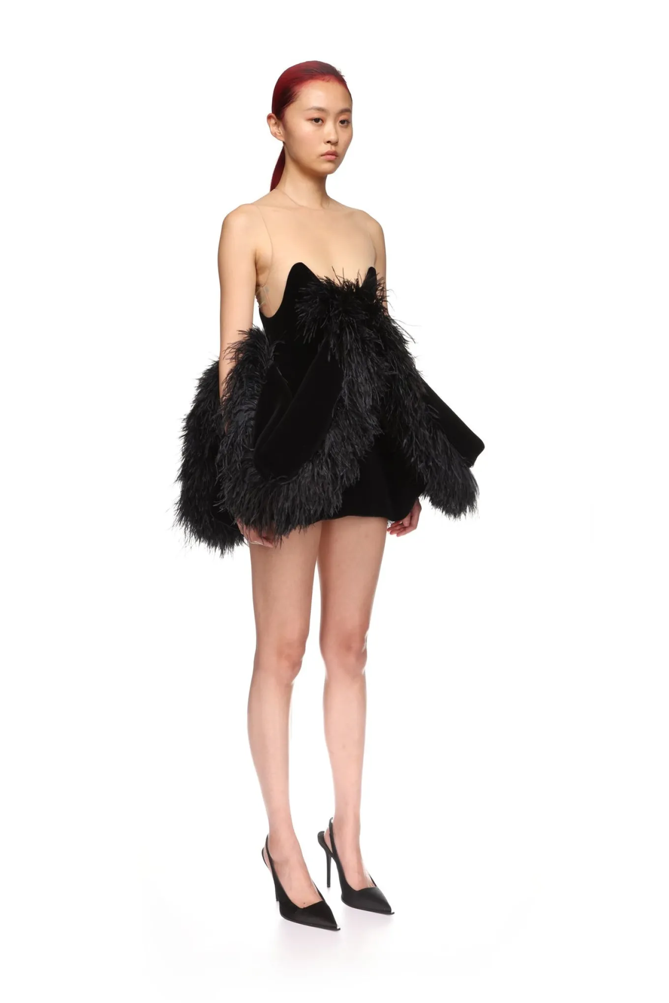 FOLD SKIRT AND FEATHER TRIM MINI DRESS