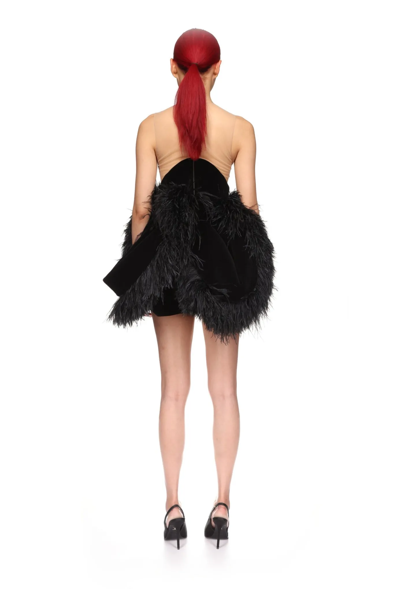 FOLD SKIRT AND FEATHER TRIM MINI DRESS