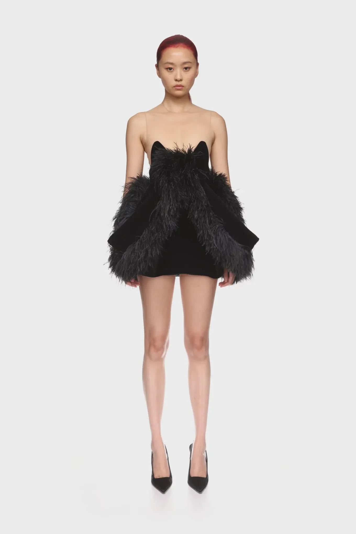 FOLD SKIRT AND FEATHER TRIM MINI DRESS