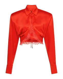 LACE UNDERLAY LONG SLEEVE CROPPED SHIRT
