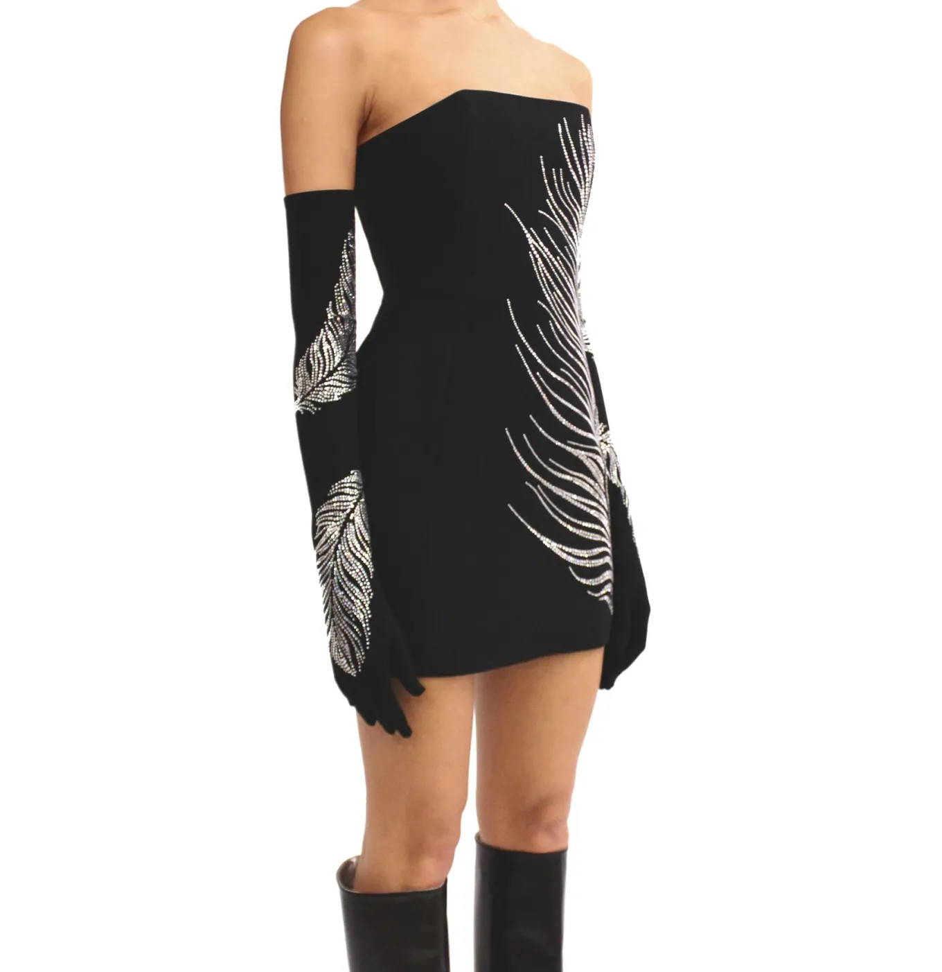 LONG CRYSTAL FEATHER GLOVES IN BLACK