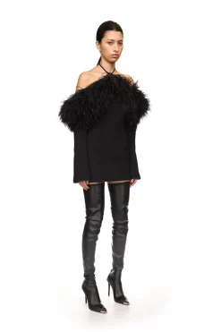 OFF THE SHOULDER FEATHER MINI DRESS