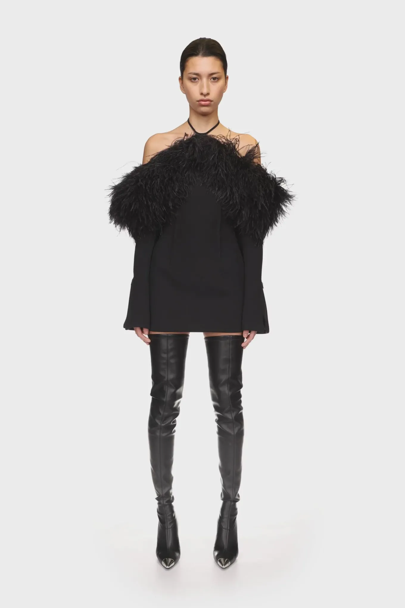 OFF THE SHOULDER FEATHER MINI DRESS