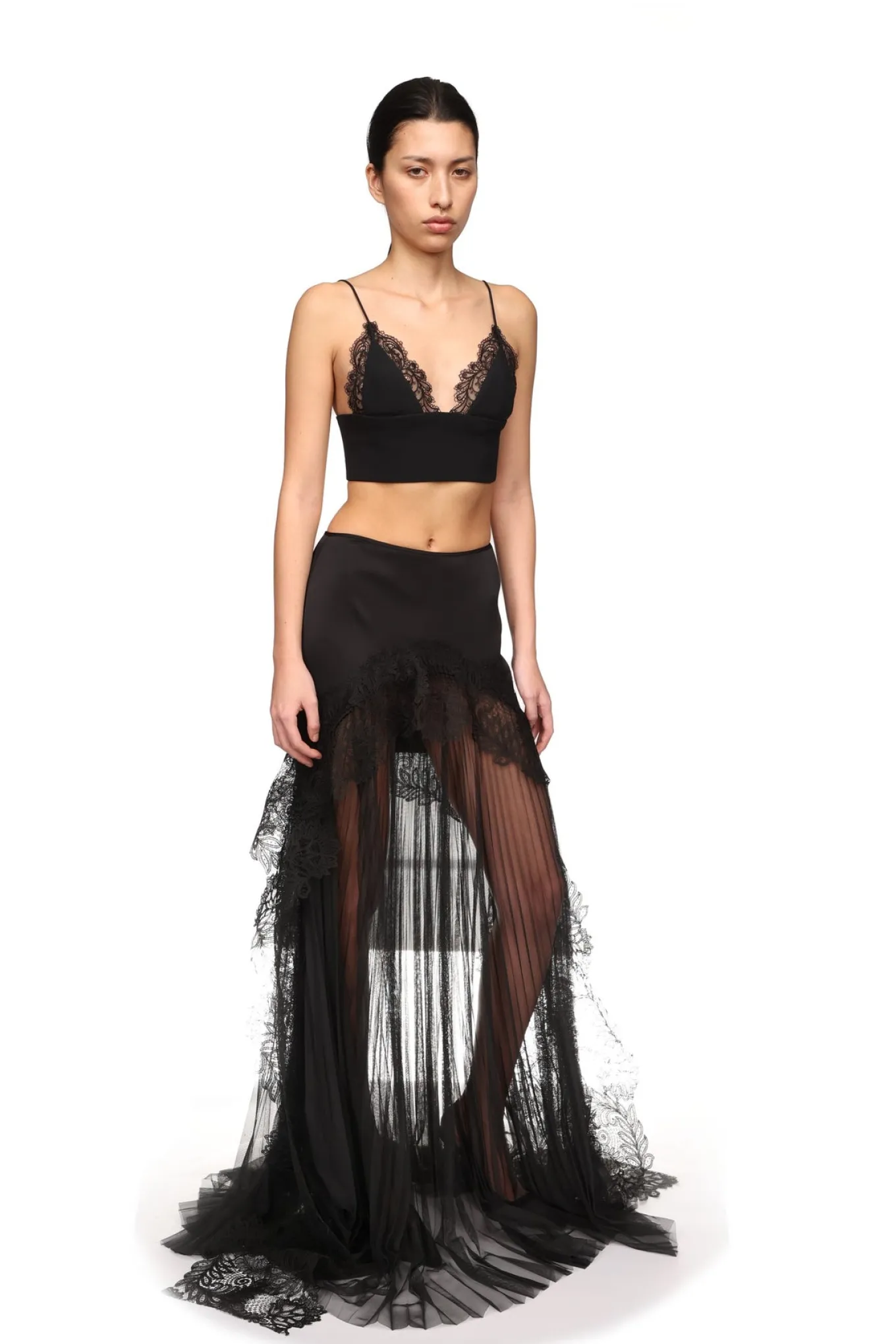 PLEATED TULLE AND LACE MAXI SKIRT