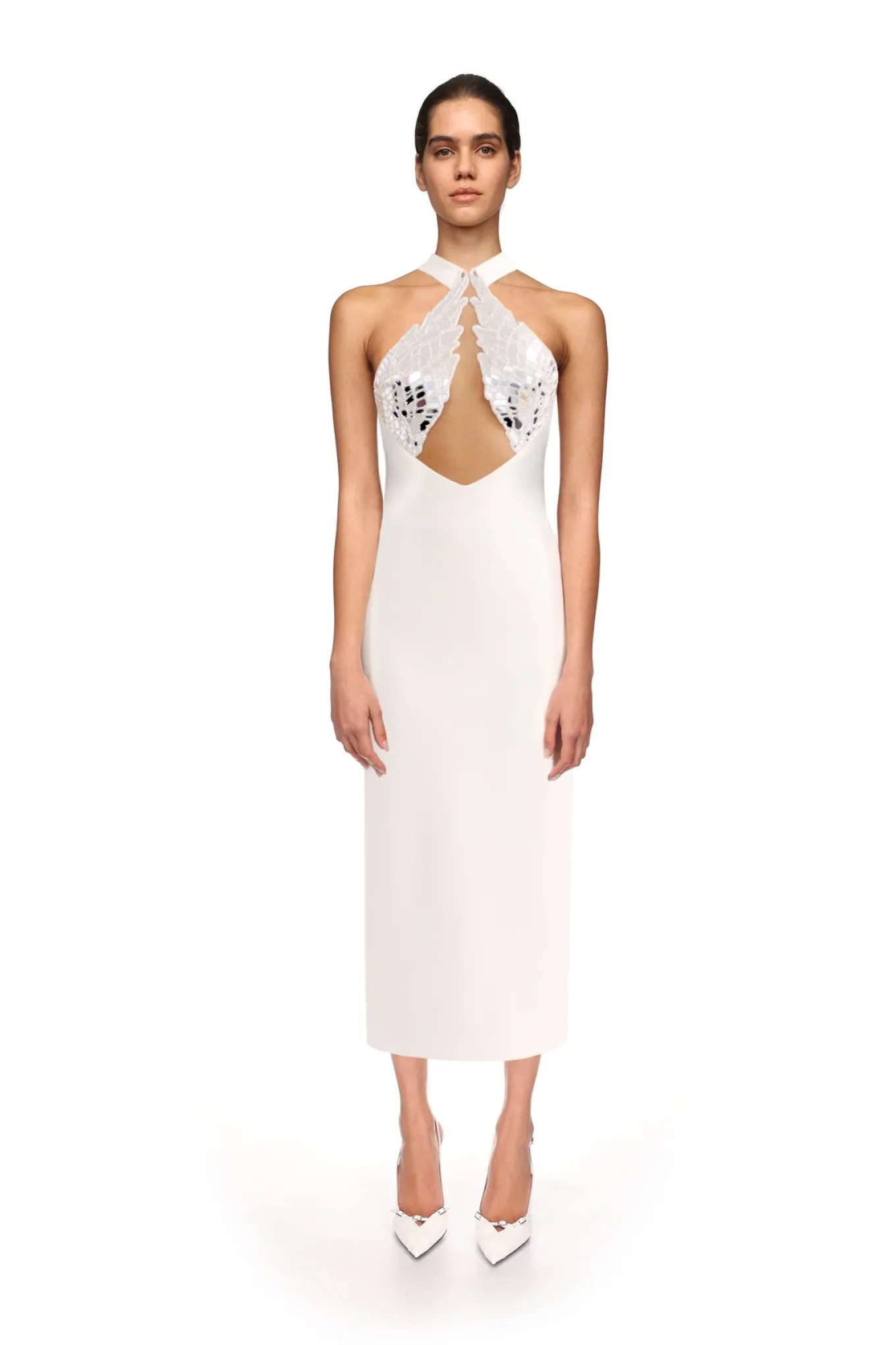 PLEXI & CRYSTAL WING EMBROIDERY MIDI DRESS