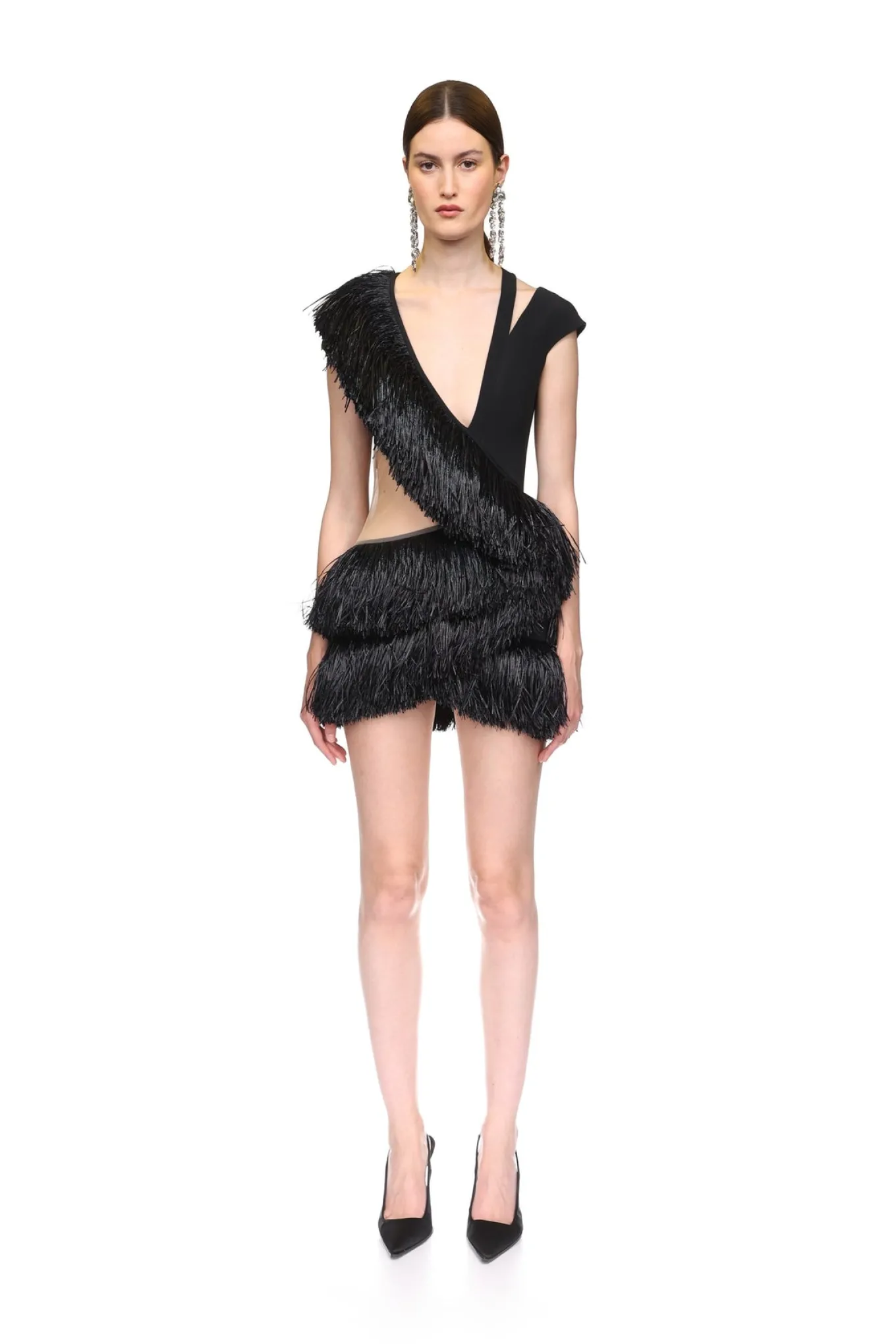 RAFFIA FRINGE AND TULLE CUTOUT MINI DRESS