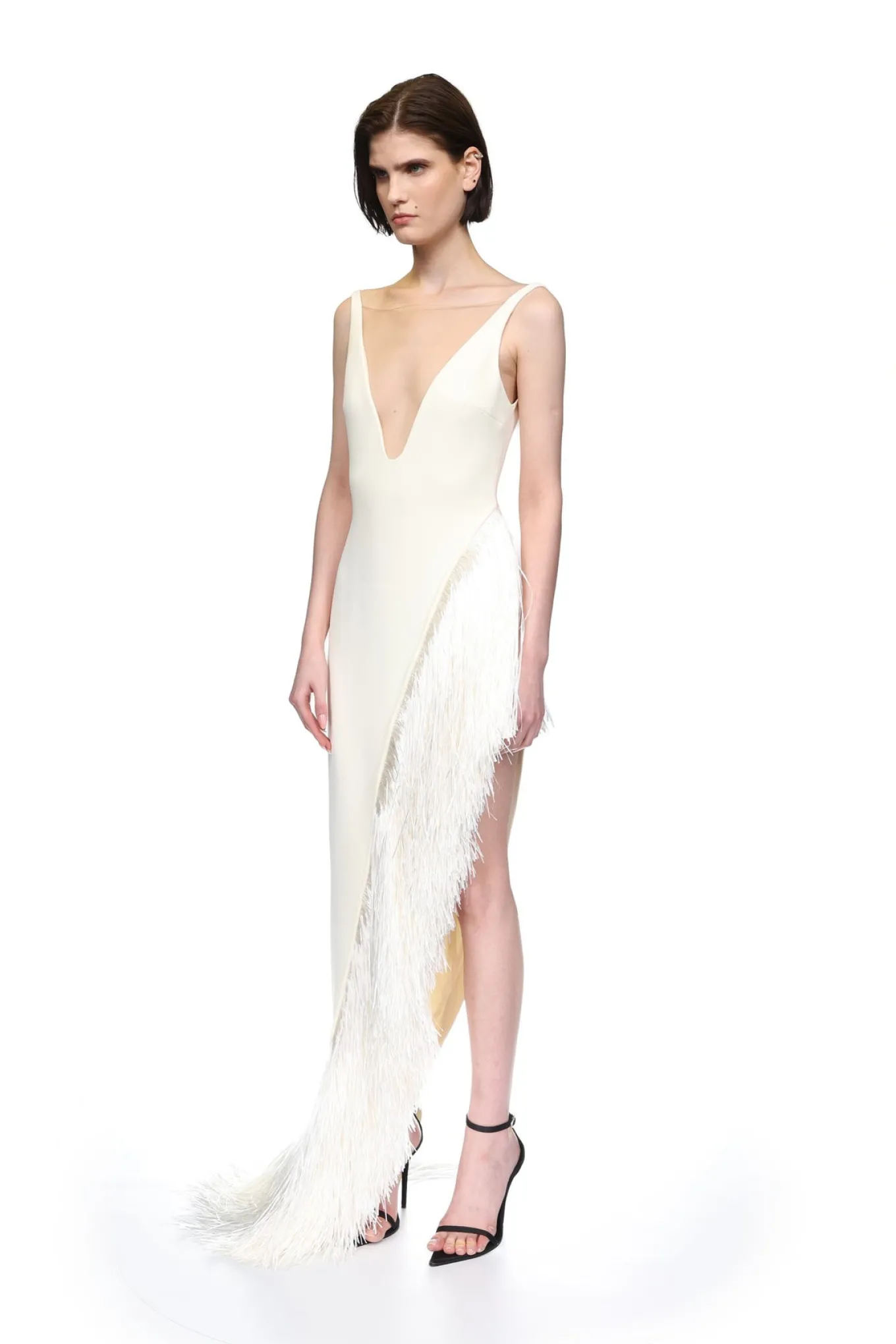 RAFFIA FRINGE ASYMMETRIC HEM GOWN